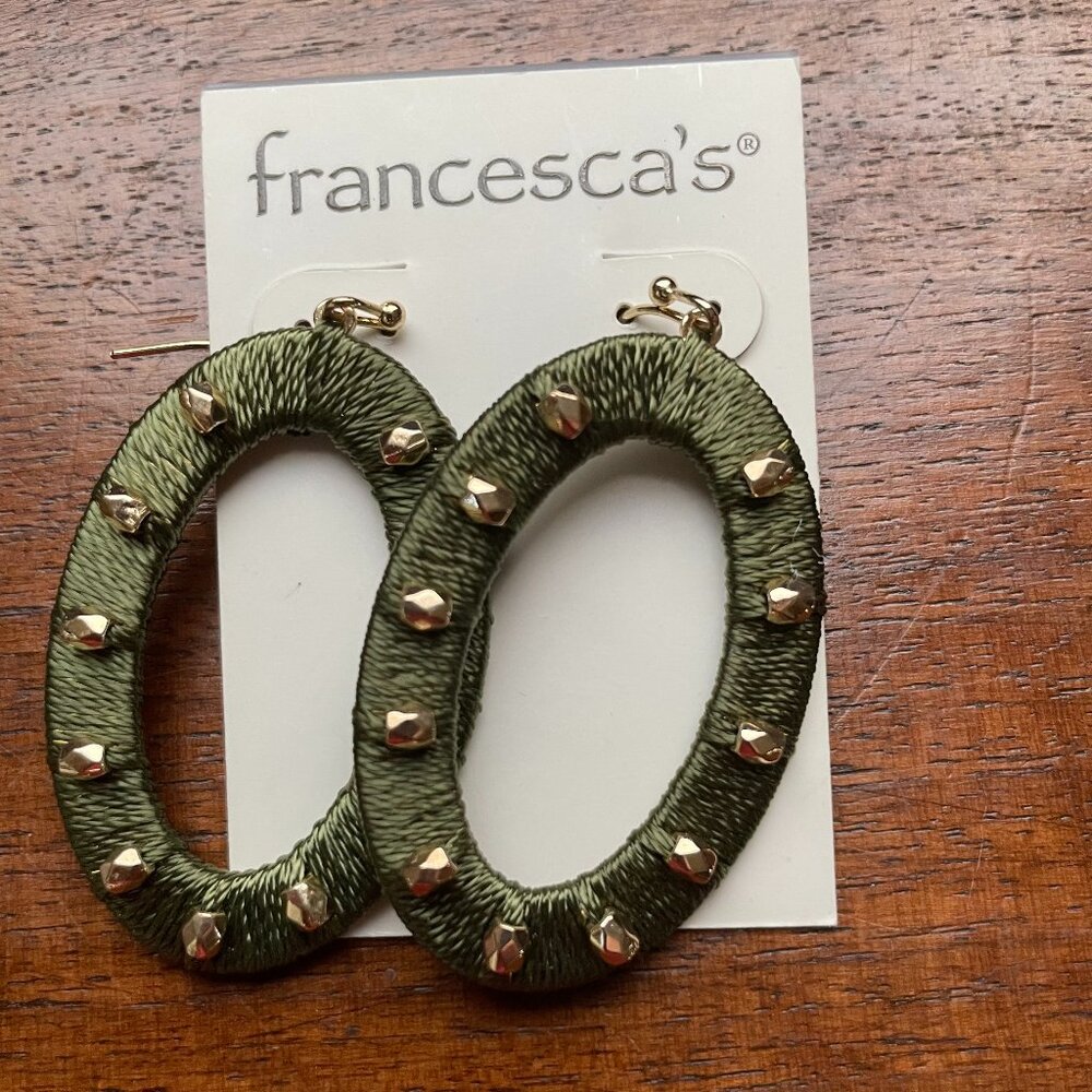 Bundle 3 for $12. Francesca's Green and Gold Wrapped Dangle Oval Earrings